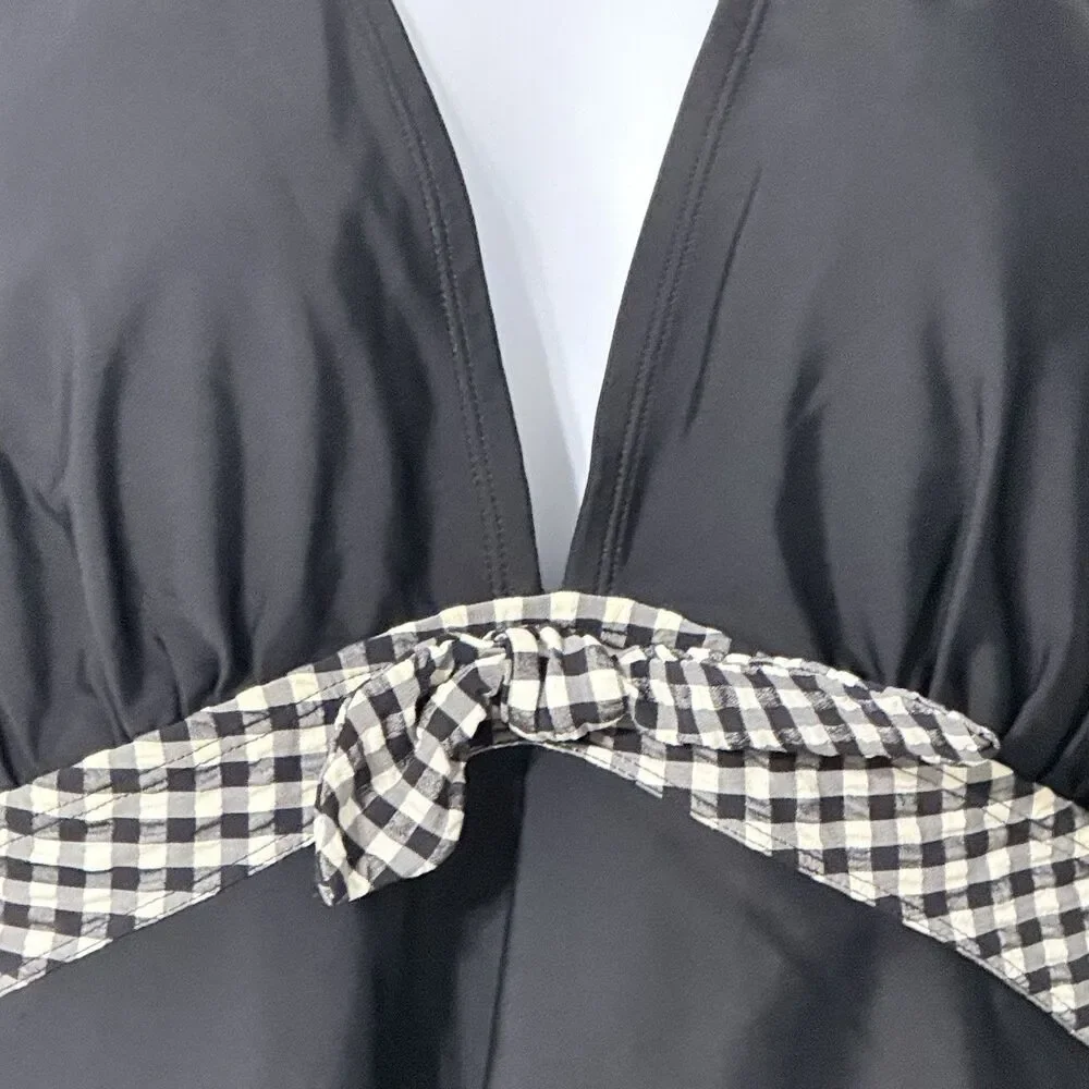 Black Halter Tankini Swimsuit Top With Gingham Patterned Tie Detail